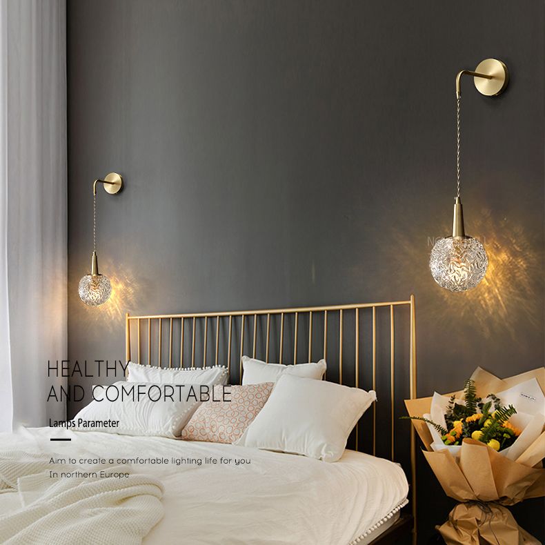 Spherical Bedside Wall Hanging Lamp Crystal 1 Head Minimalist Wall Light in Brass