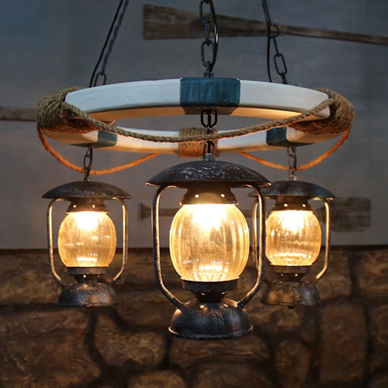 3 Lights Chandelier Lighting Factory Lantern Clear Glass Hanging Light Fixture in Blue