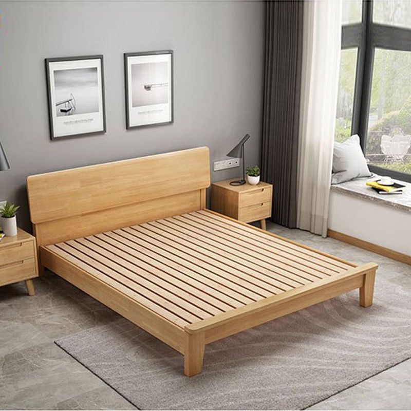 Scandinavian Penal Bed with Rectang Penal Headboard and Wooden Legs