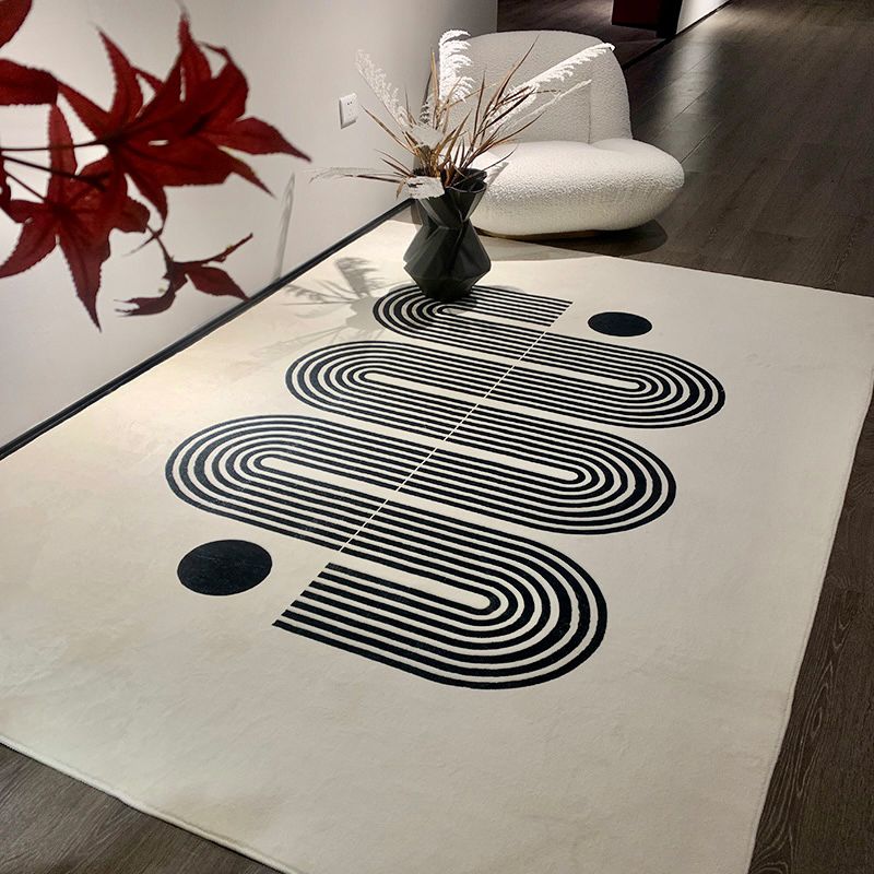Fancy White Area Carpet Stripe Pattern Modern Area Rug Polyester Non-Slip Backing Rug for Home Decor