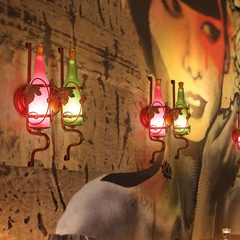 Industrieflaschenschatten Wandleuchte 2 Leuchten gefrostete Glaswandlampe mit Blatt -Deco in Grün und Rosa