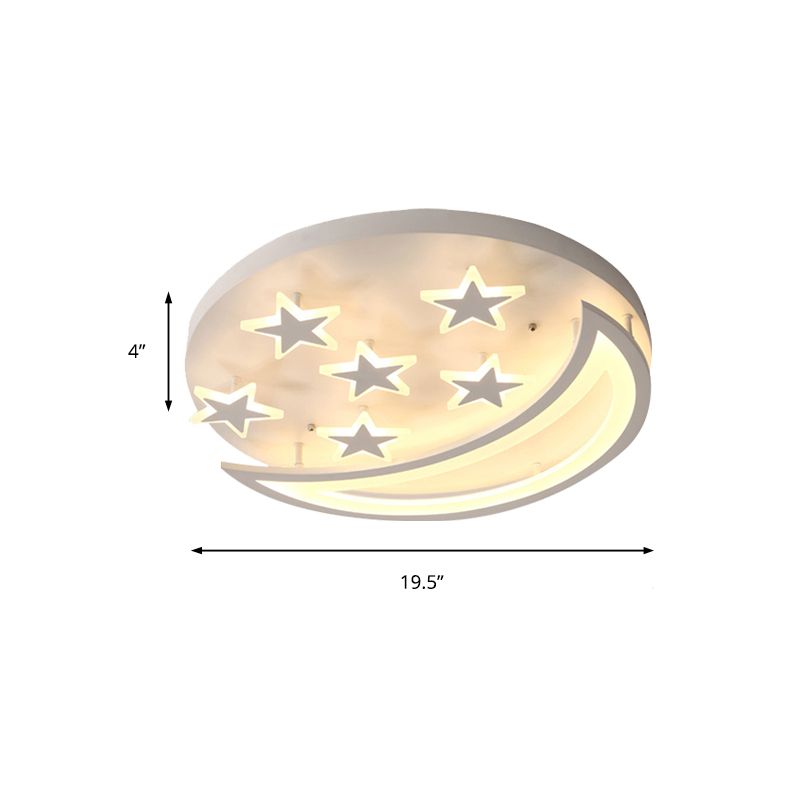 Metal Moon and Star Flush Ceiling Light Kid Bedroom Cartoon Ceiling Lamp in White Finish