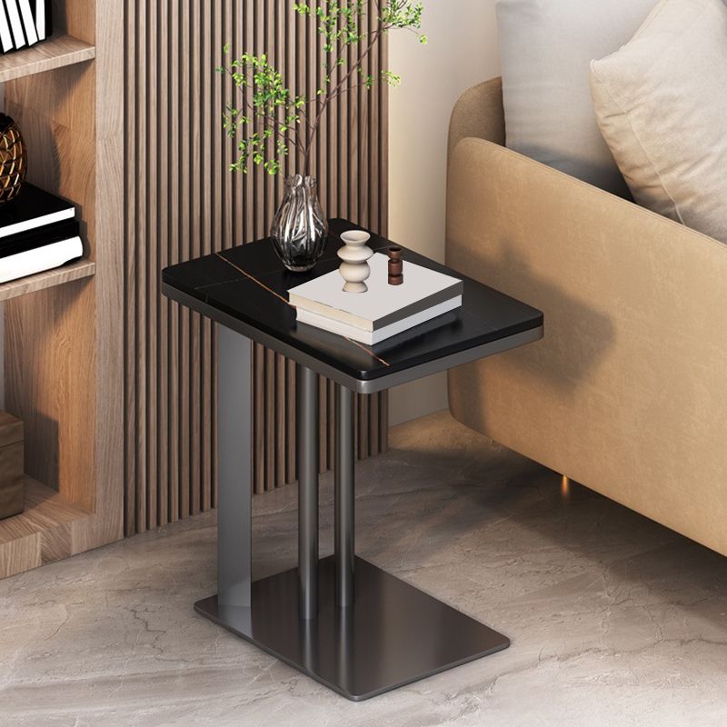 Contemporary Black Slate Top End Table 21.65" Tall C-shape Side Table