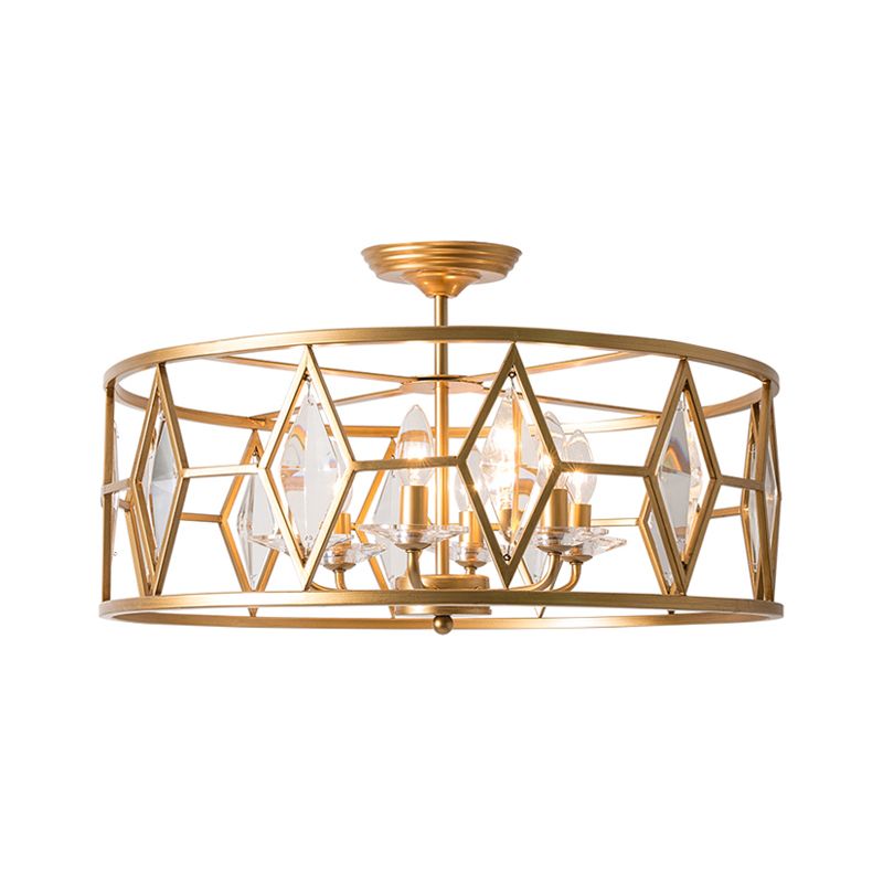Traditionele trommelplafondmontage Lichte armatuur gesneden kristal 6 lampen Studiezaal Semi Flush Mount Lighting in goud