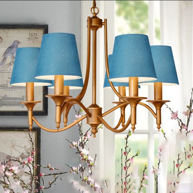 American Style Brass Chandelier Multi-Head Hanging Pendant Lights with Fabric Shade