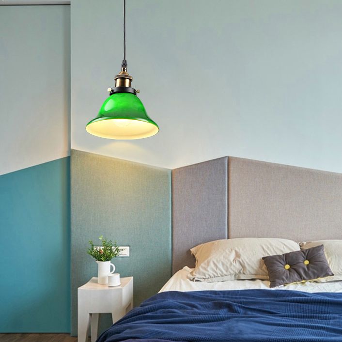 Green 1 Light Bell Pendant Lamp Vintage Industrial Glass Hanging Lamp for Living Room