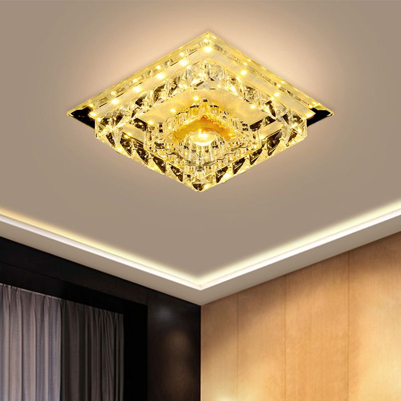 Tiered Square Bedroom Flushmount Modernism Clear Crystal LED Chrome Ceiling Light Fixture, Warm/White Light