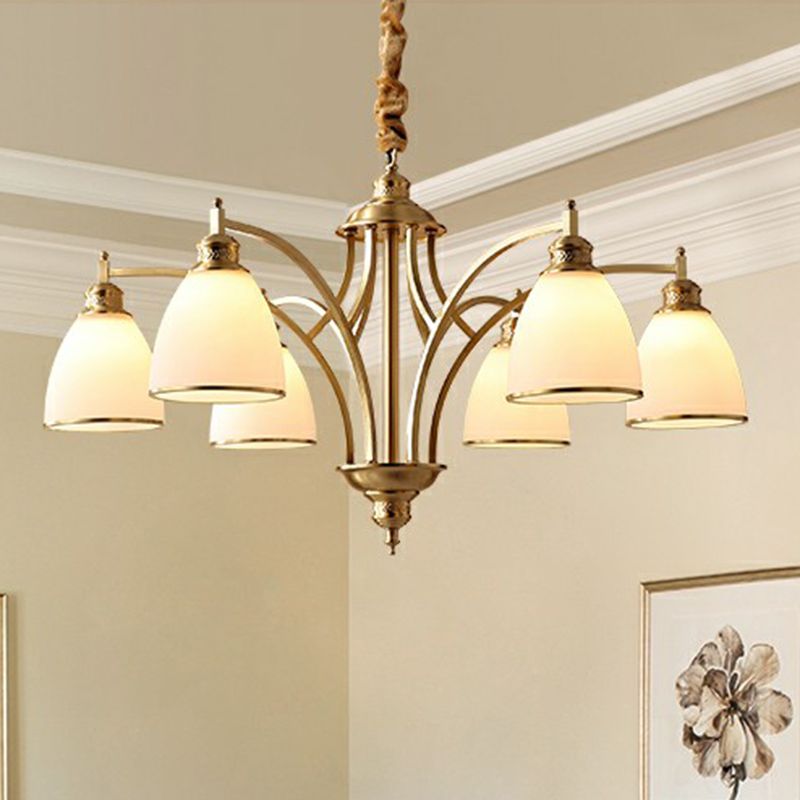 Gold Bell Chandelier Lighting Classic Cream Glass Living Room Pendant Light Fixture
