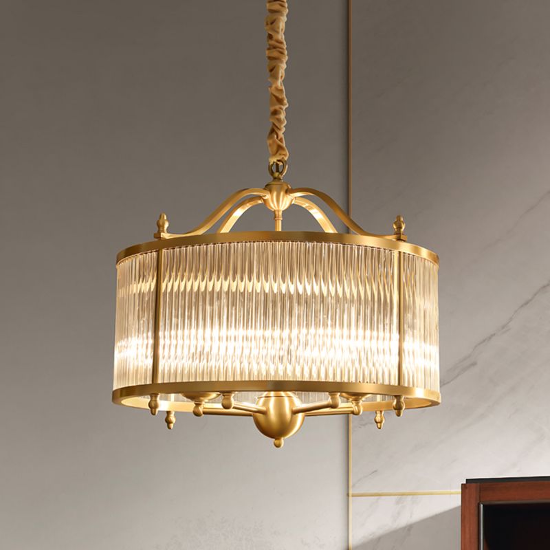 Copper Chandelier Light Fixtures American Style Multi-Head Drum Suspension Lamps for Living Room