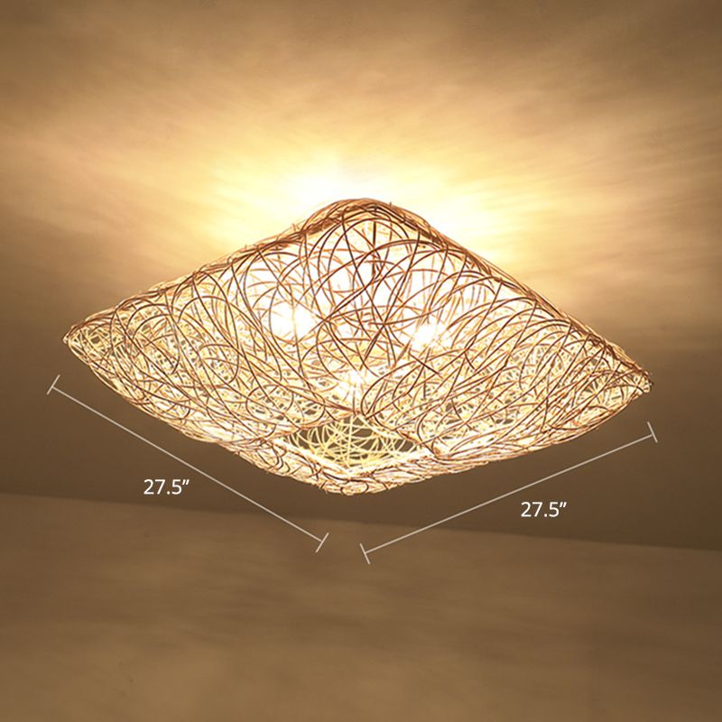 Rattan Square Ceiling Flush Mount Light Minimalist 3-Light Wood Flush Light for Bedroom