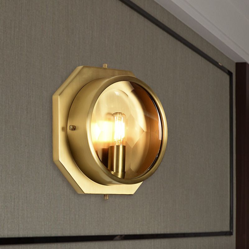 Octagon Bedroom Wall Mounted Light Colonialism Metal 1 Head Gold Sconce with Crystal Accent