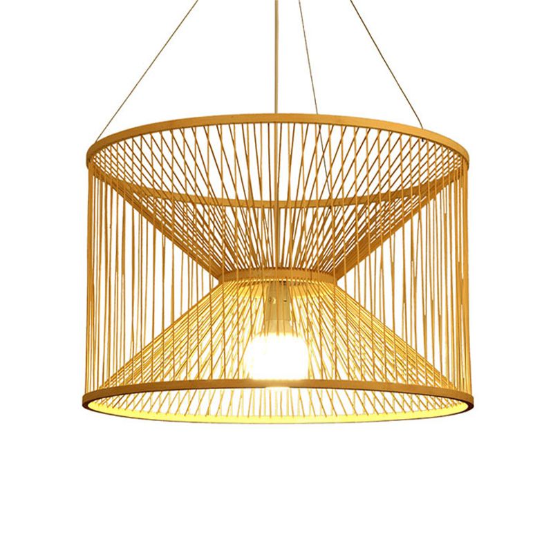 Rustic Hourglass Hanging Light Bamboo 1 Bulb Ceiling Pendant Lamp in Wood for Living Room