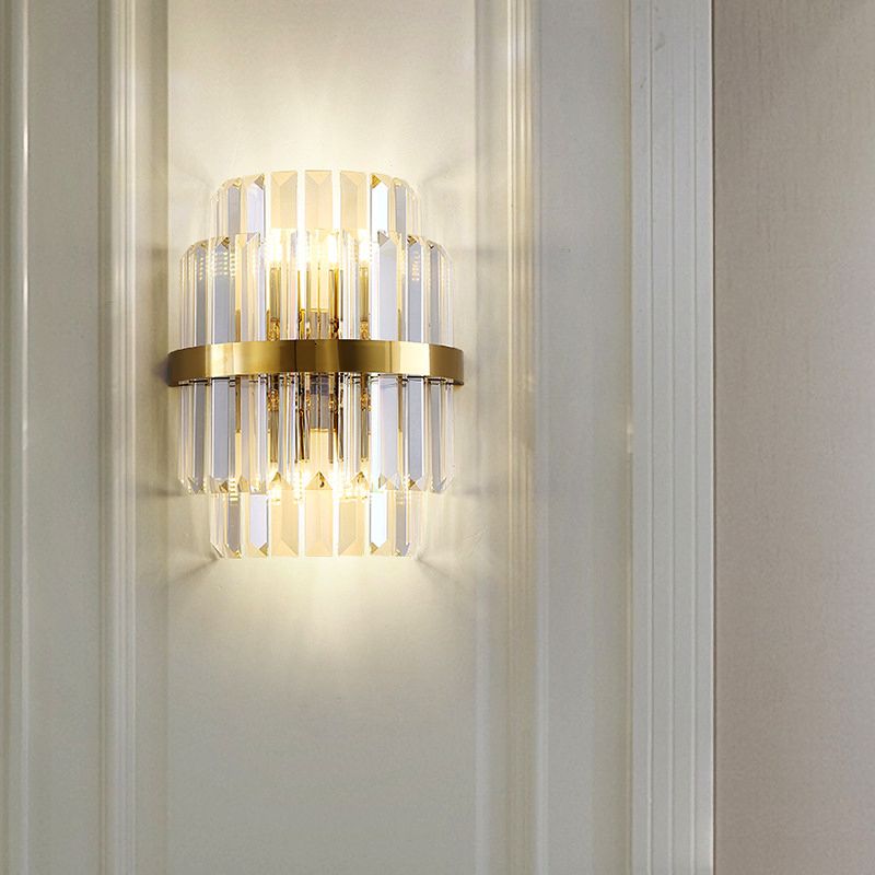 Klarer Kristallzylinderwandbeleuchtung zeitgenössischer Stil 2 Lampen Wandlampe in Messing für Schlafzimmer