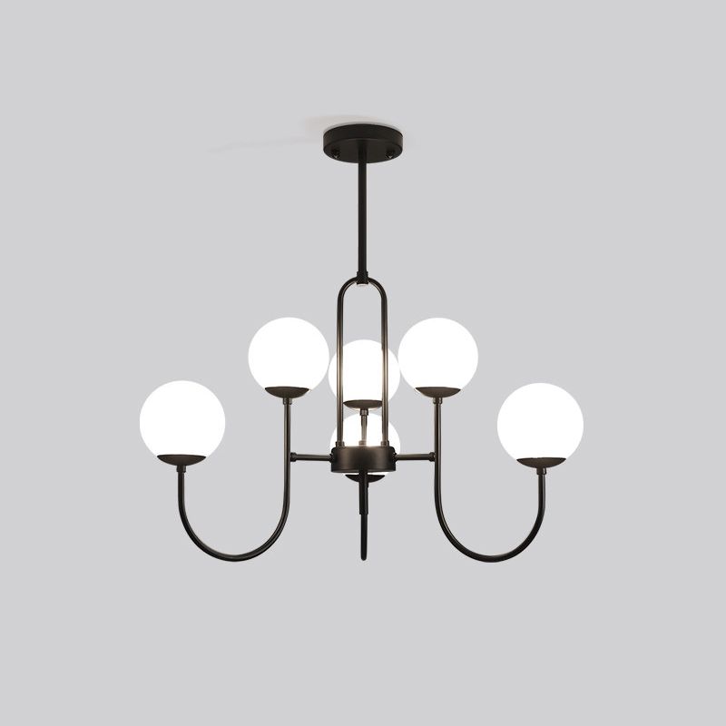 Arced Arm Iron Chandelier Light Fixture Modern 6/9-Head Black Finish Pendulum Lamp with Sphere Milk White Glass Shade