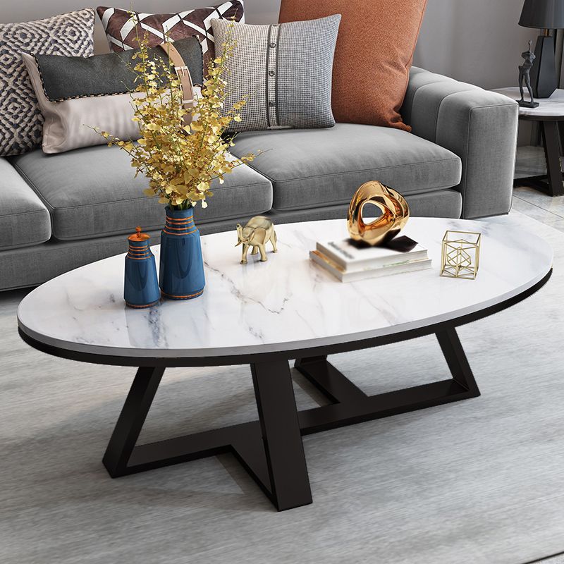 Modern Slate Cross Legs Coffee Table Oval Cocktail Table in Grey/White