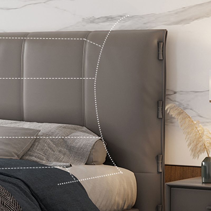 Wooden Modern Grey Bed Frame with Headboard, Genuine Leather Panel Bed