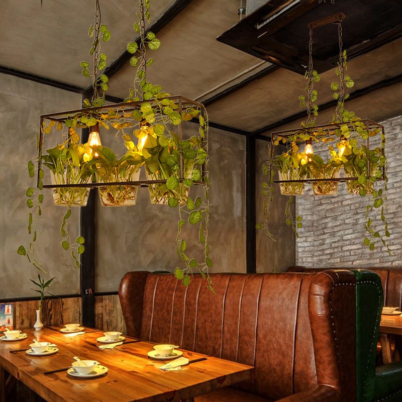 Rustic Rectanglengle Island Ciondolo 3 luci lampada da biliardo in metallo in nero per ristorante con foglie verdi deco