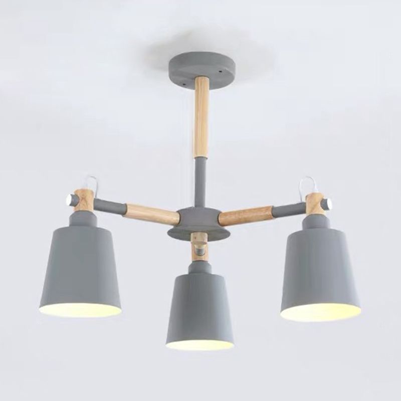 Cone Shade Metal Hanging Lamp Macaron Style Wood Chandelier for Living Room