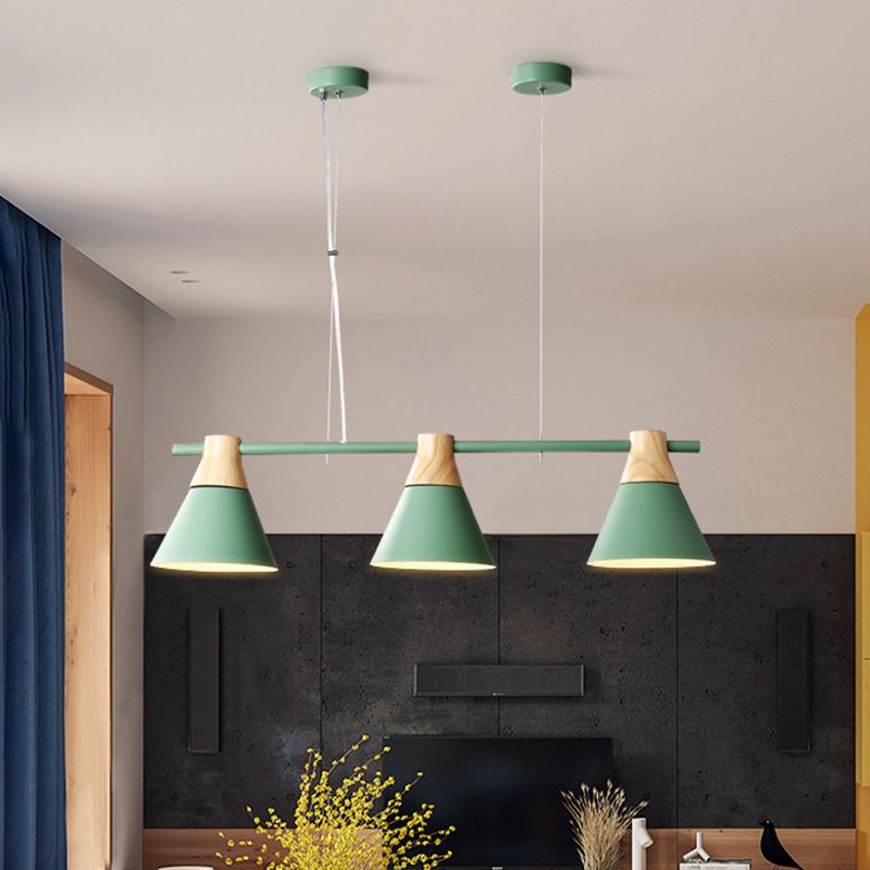 Cone Dining Room Suspension Light Iron 3 Bulbs Modern Multi Lamp Pendant in Yellow/Blue/Green with Linear Design