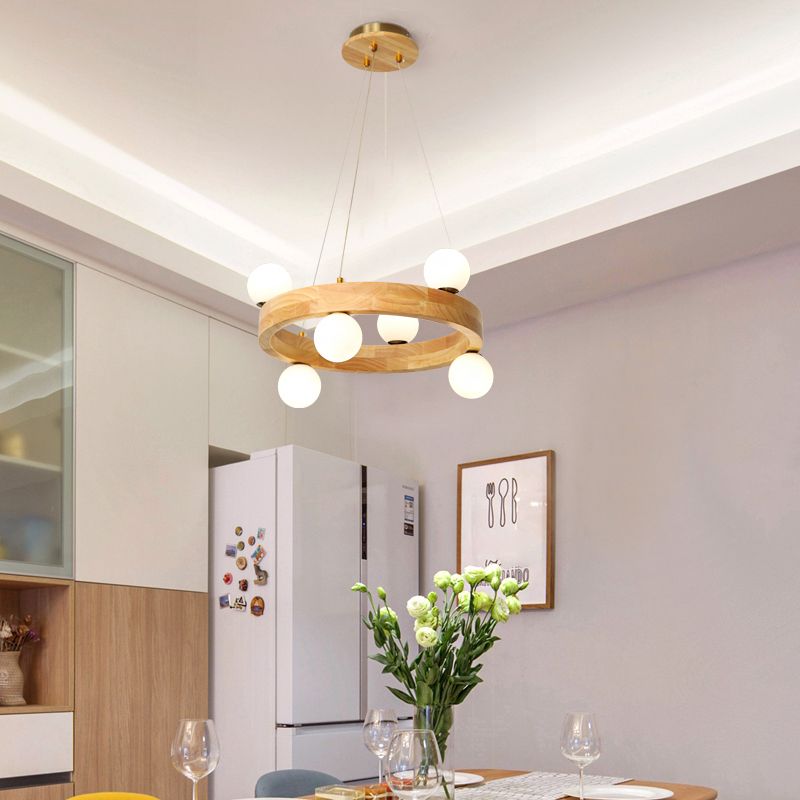 Wooden Circular Chandelier Minimalistic LED Pendant Light with Orb Opal Glass Shade