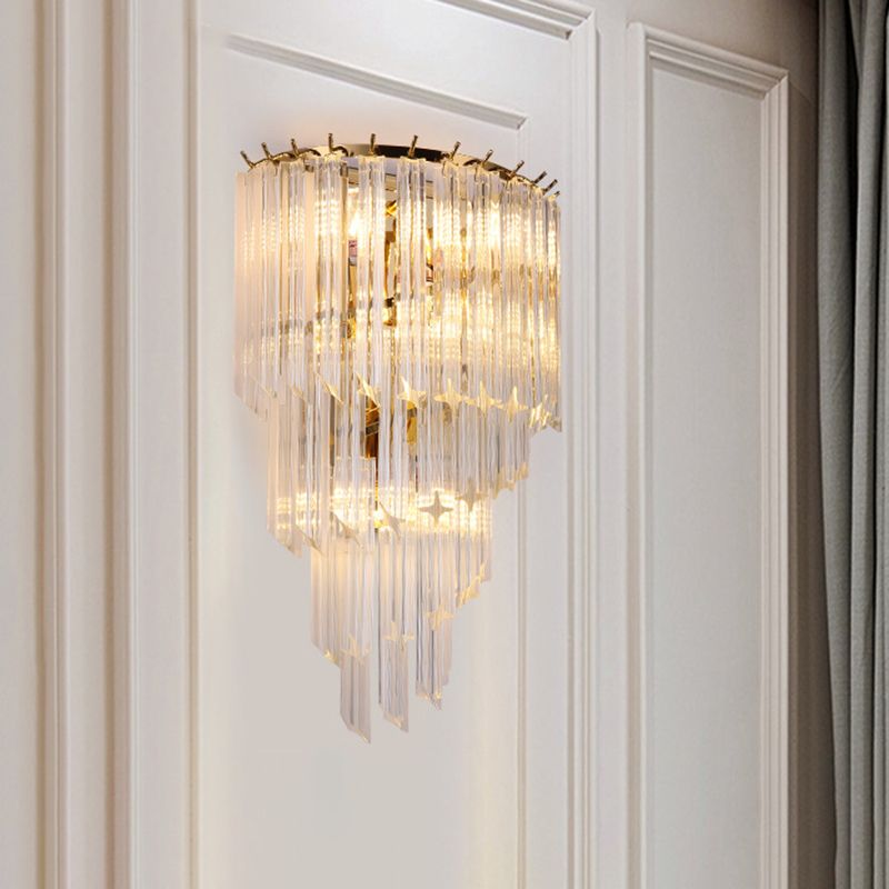 Gold Stagger Wall Sconce in Modern Luxury Style Wrought Iron 4-Light Wall Lamp with Crystal Shade