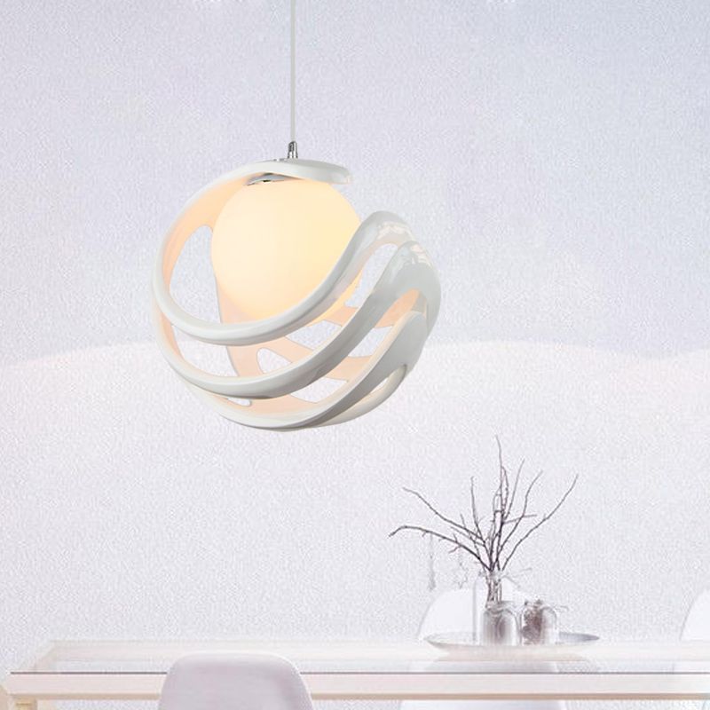 Resin Curled Cage Pendant Lighting Modern 1 Bulb White Ceiling Lamp with Orb Milk Glass Shade