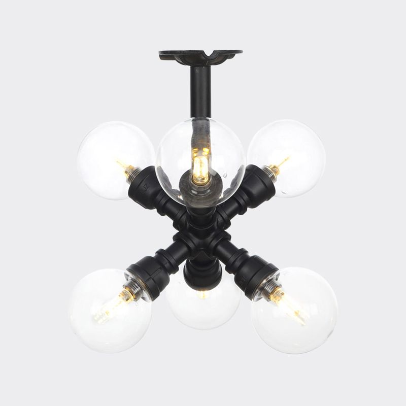 Black 4/5/6-Head Semi Flushmount Antiqued Clear Glass Ball LED Close to Ceiling Lighting