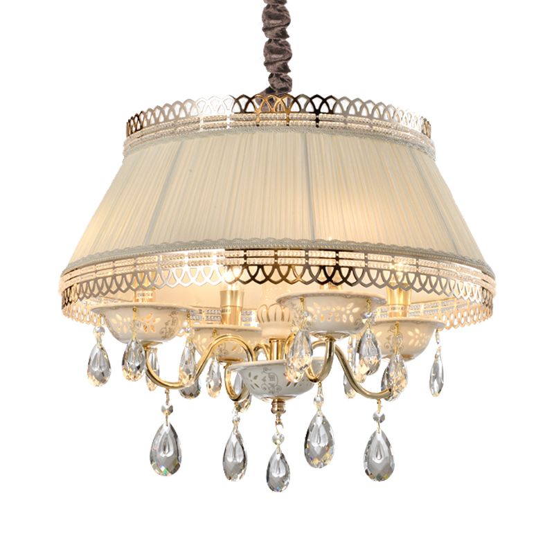Moderne 4 lampen hanglager kroonluchter met stofschaduw beige taps toelopende trommel kristal omlaag verlichting