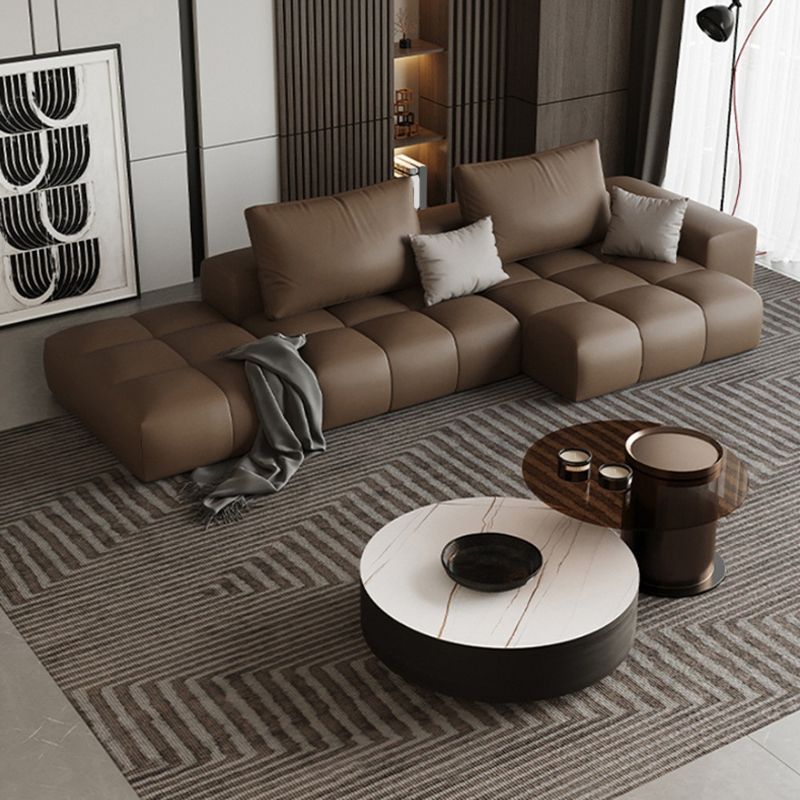 Dark Brown Faux Leather Sectional Stain-Resistant One Arm Sectional for Living Room