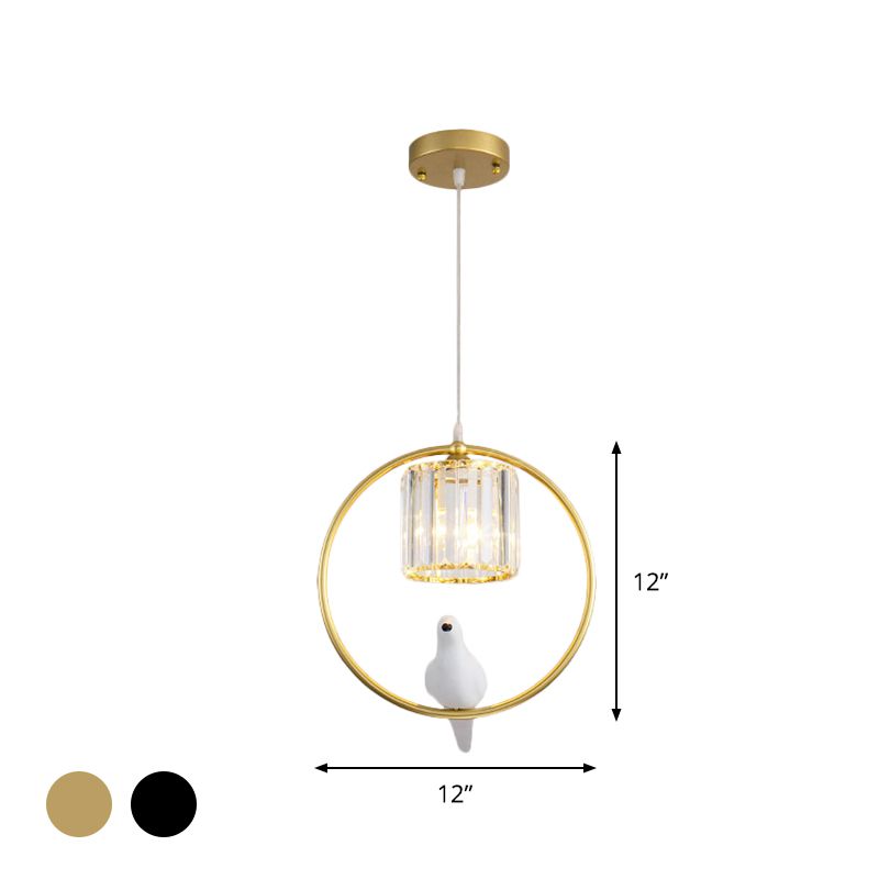 Black/Gold Hoop Pendulum Light Modern Iron 1 Head Living Room Drop Pendant with Bird and Cylinder Crystal Shade