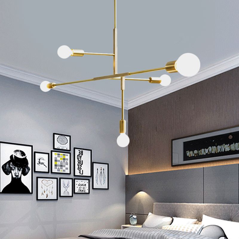 5 Arms Hanging Light Post Modern Metal Bare Bulbs Black/Gold Chandelier Pendant Light