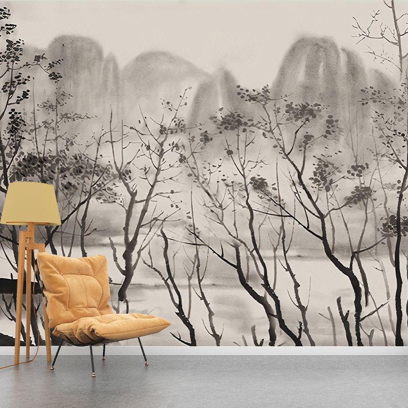 Ink Riverside Mountain Painting Murals Light-Coffee Moisture Resistant Wall Art for Living Room