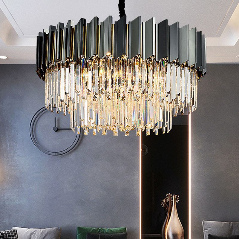 Tiered Suspension Light Artistic Strip Crystal Black Chandelier Light for Living Room