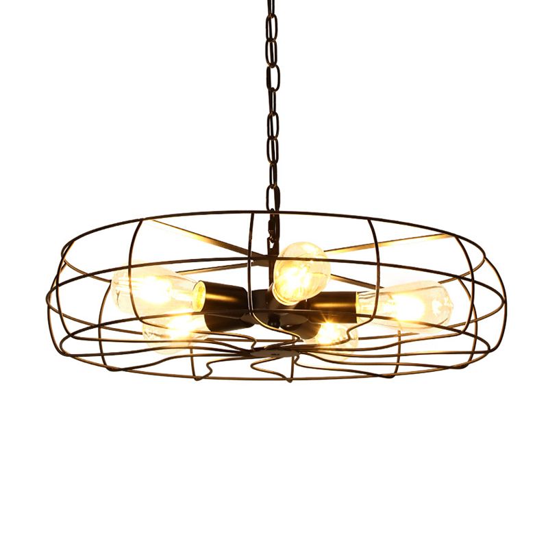 Round Caged Restaurant Ceiling Pendant Industrial Iron 5-Bulb 19"/21.5" W Black Chandelier Lamp