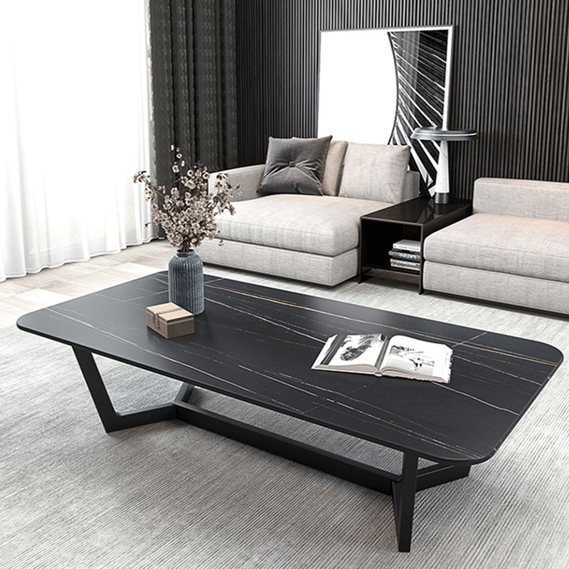 Modern Style Slate Table with Rectangular Black Metal Trestle Type Base Coffee Table