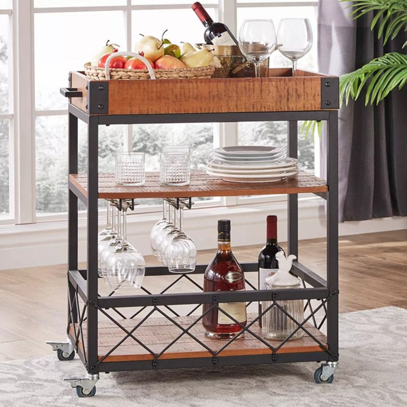 Modern Open Storage Kitchen Trolley Pine Wood Rolling Prep Table