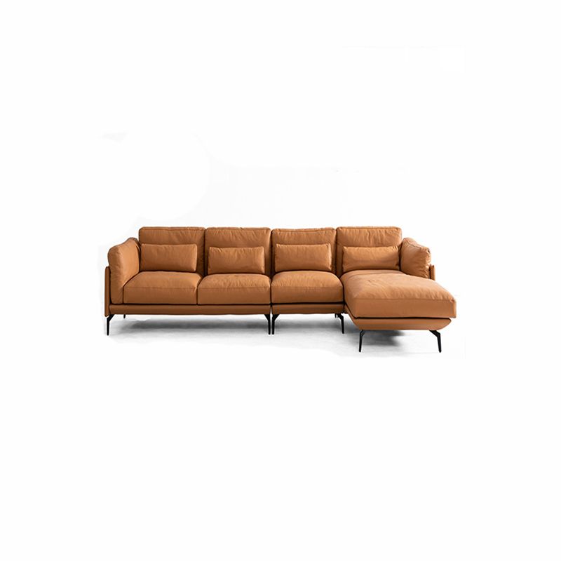 Square Arm Genuine Leather Sofa and Chaise Brown Sectional with Bolster Pillows