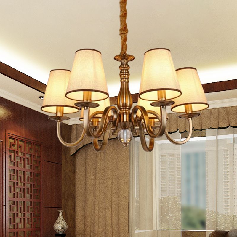 Vintage Cone Suspension Light 6/8 Bulbs Fabric Hanging Chandelier with Curving Arm in Brass for Living Room