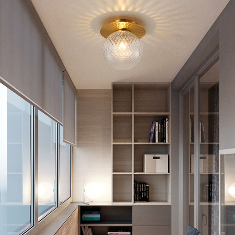 Modern Concise Indoor Flush Mount Copper Globe Ceiling Fixture with Ripple Glass Shade