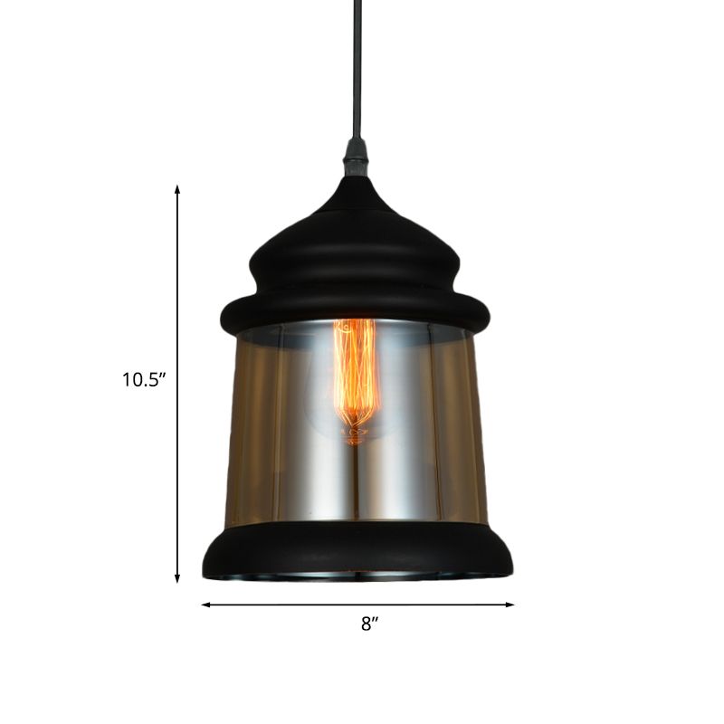 8"/8.5" Wide Cylinder Pendant Lighting Industrial 1 Light Amber Glass Hanging Lamp in Black