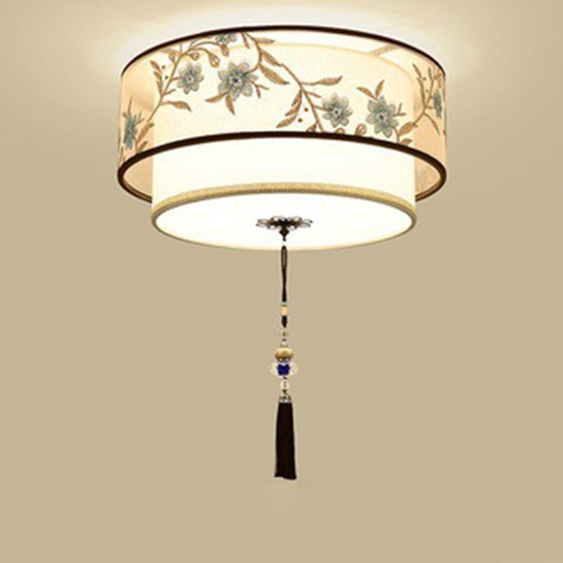 Geometric LED Ceiling Light in Traditional Classic Style Wrought Iron Flush Mount with Embroidered Fabric Shade
