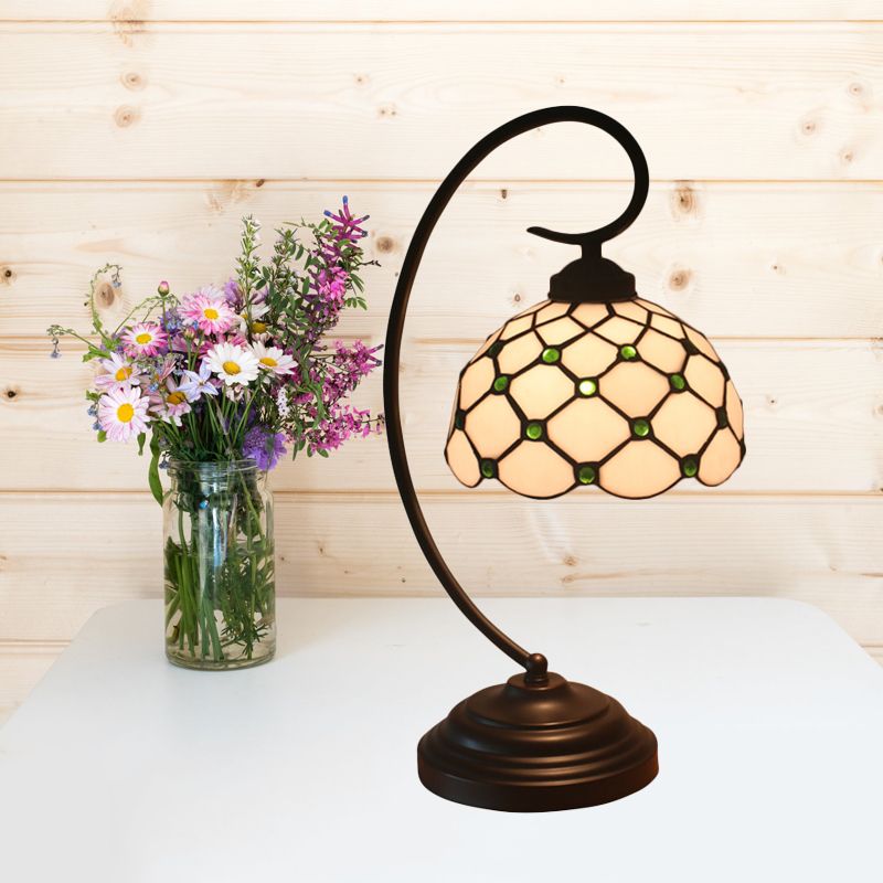 Bronze Bowl Night Table Lamp Tiffany 1 Head Beige/White Glass Clear/Blue/Green Beaded Patterned Desk Light with Swirl Arm