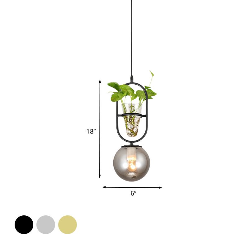1-Head Hanging Light Loft Spherical Opal/Smoke Gray Glass Ceiling Lamp in Black/Grey/Gold with Oblong Frame and Plant Cup