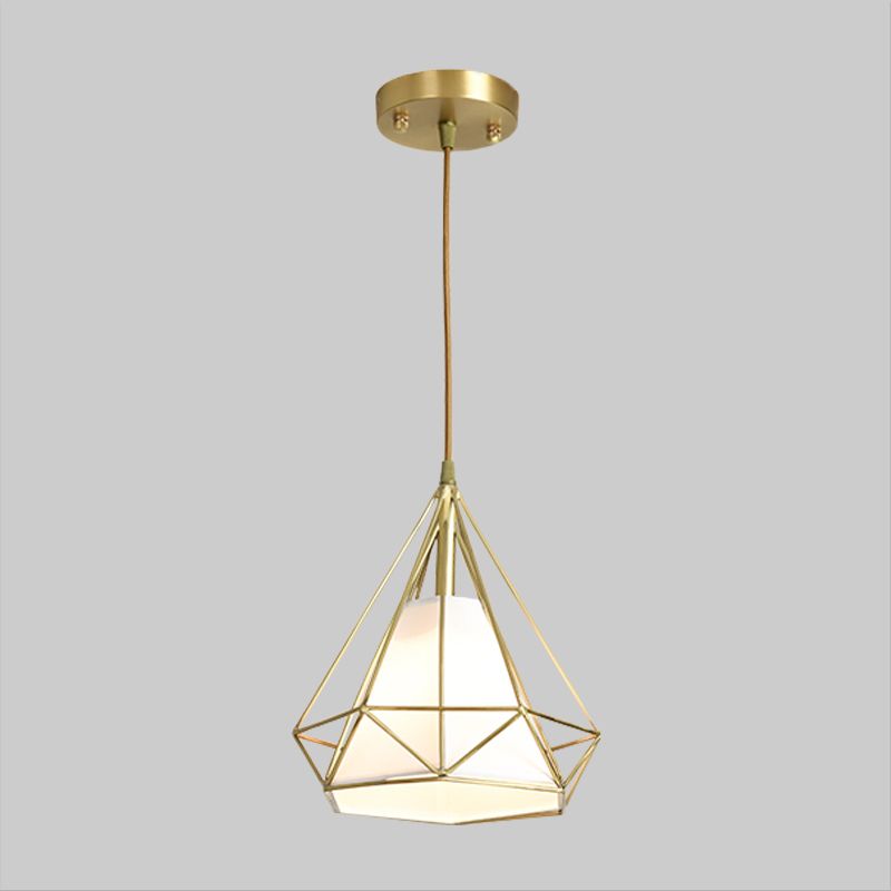 Messing diamant kooi hanglampverlichting eenvoud 1 hoofd metalen plafond suspensielampje met binnenste vlasstoffen schaduw