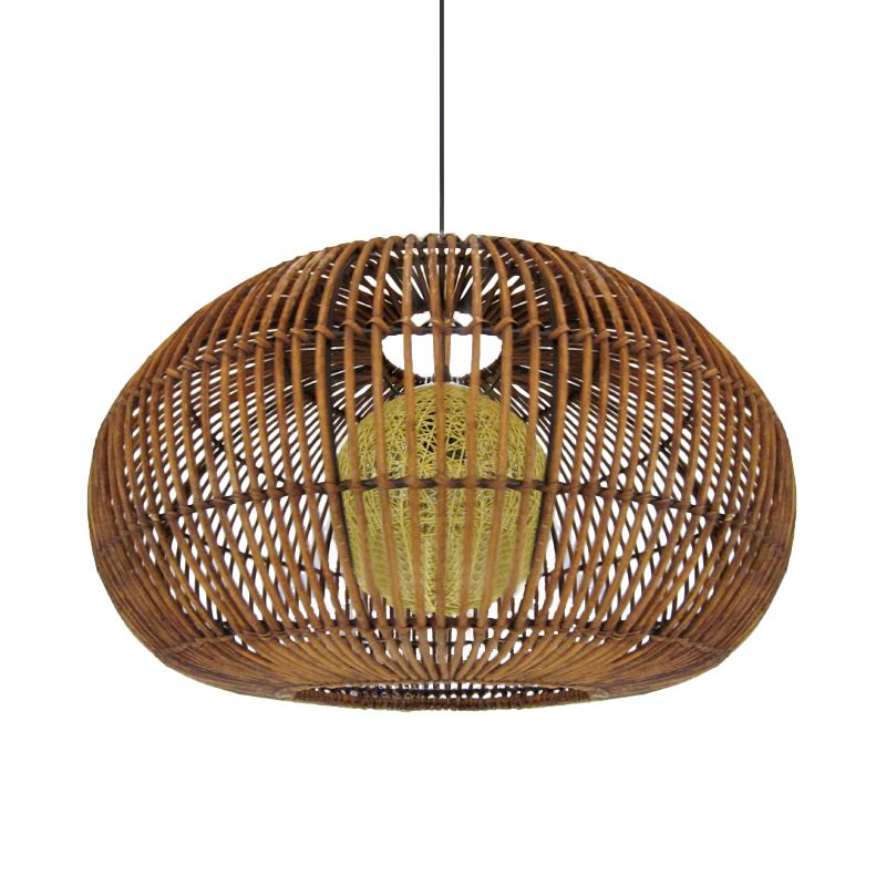 1 Head Restaurant Pendant Lamp Asia Coffee Hanging Light Fixture with Lantern Rattan Shade