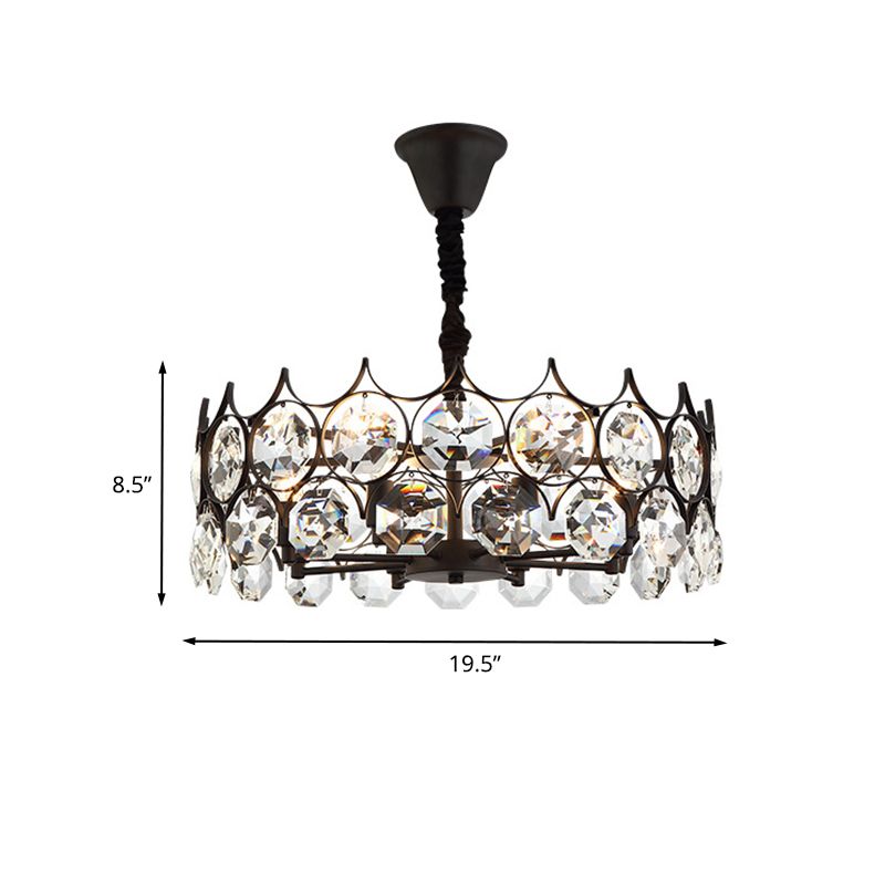 Circle Beveled Crystal Chandelier Traditional 6 Lights Living Room Hanging Ceiling Light in Black
