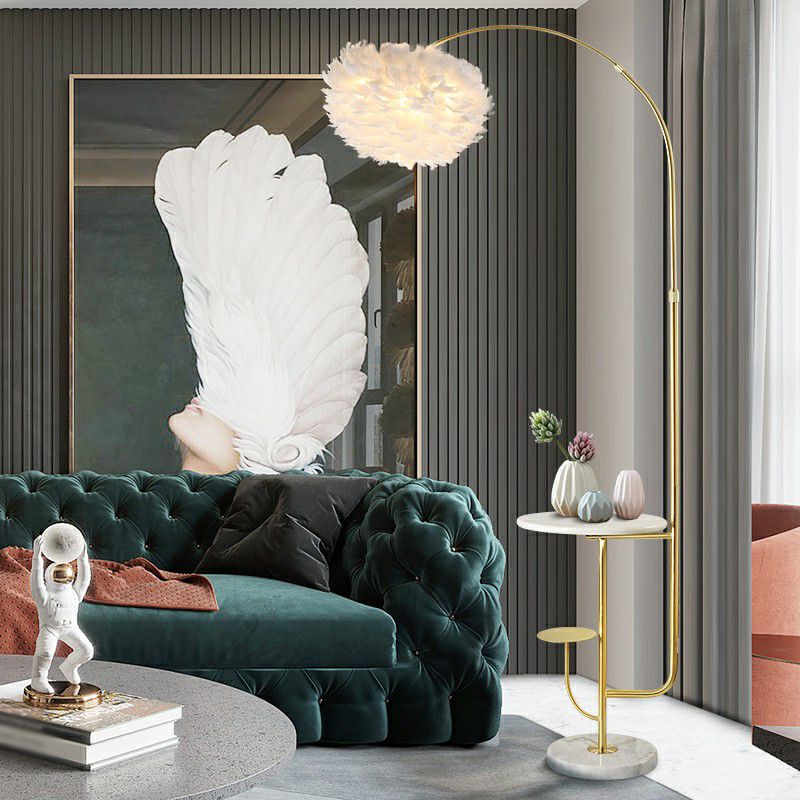 Fishing Rod Living Room Floor Light Metallic 1��Head Simplistic Standing Lamp with Tray and Feather Shade