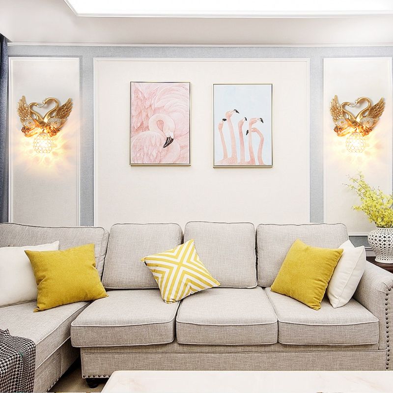 Resin Swan Wall Light Vintage 1 Light Gold Sconce Light with Dome Metal and Crystal Shade