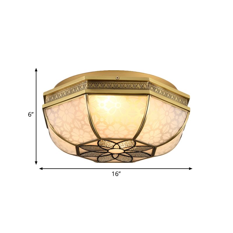 Colonialist Beveled Ceiling Mounted Light 4 Bulbs Opaque Glass Flush Mount Light Fixture in Brass for Bedroom