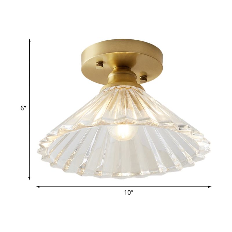 Single Bulb Semi Flush Mount Industrial Cone Clear Textured Glass Ceiling Light in Brass for Living Room
